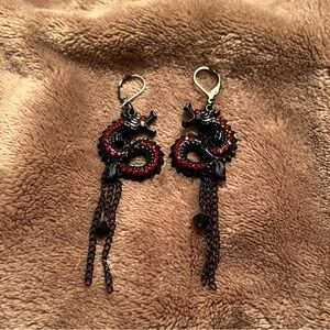 VINTAGE Glossy Black Dragon Gothic Dangle Earrings with Red Crystal Stones
